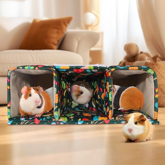 Guinea Pig Hideout with Tunnels, Toys & Cozy House - Soft Large Bed for Small Pets - Blackish Green Mushroom