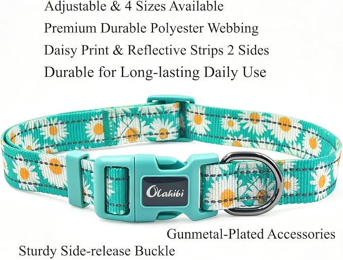 Dog Collar Leash Set, Floral Pattern, with Safety Reflective Strips, 5 ft Matching Leash, Neoprene Padded Handle, Adjustable 4 Sizes for Small Medium Large Dogs.(L, Green Daisy)