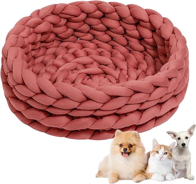Woven Dog Bed Basket, Knitted Cotton Cat Bed Round Washable Woven Cat Pet Bed Chunky Dog Basket, Orthopedic, Chunky Knit Dog Nest,Dog Bed,Dog Cave,Dog Bedding(Red,19")