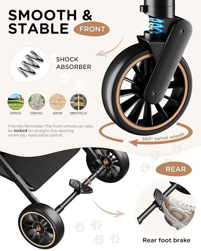 GTPLAYER Pet Stroller for Dogs & Cats, 3-in-1 Foldable Pet Strollers with Detachable Carrier, 360° Swivel Front Wheels & Rear Brakes, Up to 45 lbs, Grey