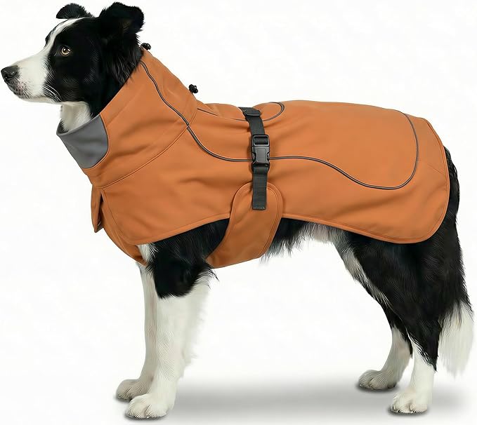 Softshell Dog Winter Vest, Fleece Lined Water-Repellent Jacket with Fur-Safe Buckle (No Hook & Loop) for Hiking, Adjustable Reflective Winter Coat for Active Dogs (Aurantium, Large)