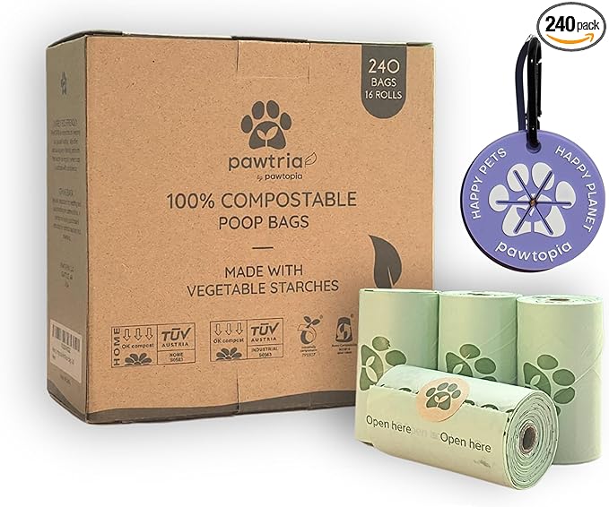 Pawtria Certified Home Compostable Dog Poop Bags (240 Bags + Lavender Carrier), Biodegradable Pet Waste Bags, Vegetable Starches, Leak proof Dog Waste Bags, Light-weight silicone made bag carrier
