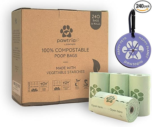Pawtria Certified Home Compostable Dog Poop Bags (240 Bags + Lavender Carrier), Biodegradable Pet Waste Bags, Vegetable Starches, Leak proof Dog Waste Bags, Light-weight silicone made bag carrier