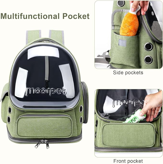 Cat Backpack Carrier, Breathable Cat Carrier Large Space Bubble Pet Backpack for Kitty Small Dog up to 20lbs, Transparent & Foldable Pet Carrier for Travel Hiking, Green