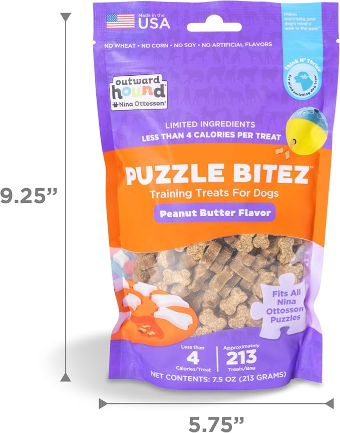 Outward Hound by Nina Ottosson Puzzle Bitez USA Made Dog Treats, Peanut Butter Flavor, Bite-Sized Training Reward and Interactive Puzzle Toy Treats, 7.5oz
