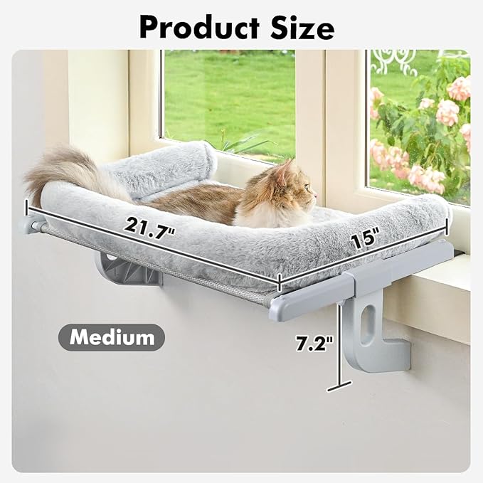 Zoratoo Cat Window Sill Perch with Large Bolster, Easy to Adjust & Assemble Cat Window Seat for Windowsill & Bedside, Pet Hammock Bed for Large Cats and Kittens (Grey, M)