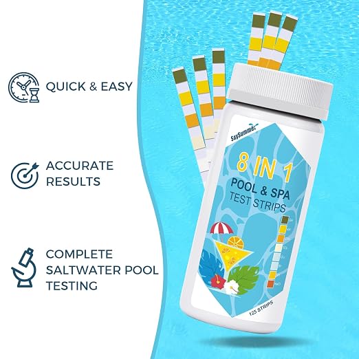 Salt-Water Pool Test Strips Kit: 125 Counts 8-in-1 for Salt Water Pool Testing Kit, Salt Pool Test Strips for Hot Tub Spa Testing Salt Chlorine pH and More