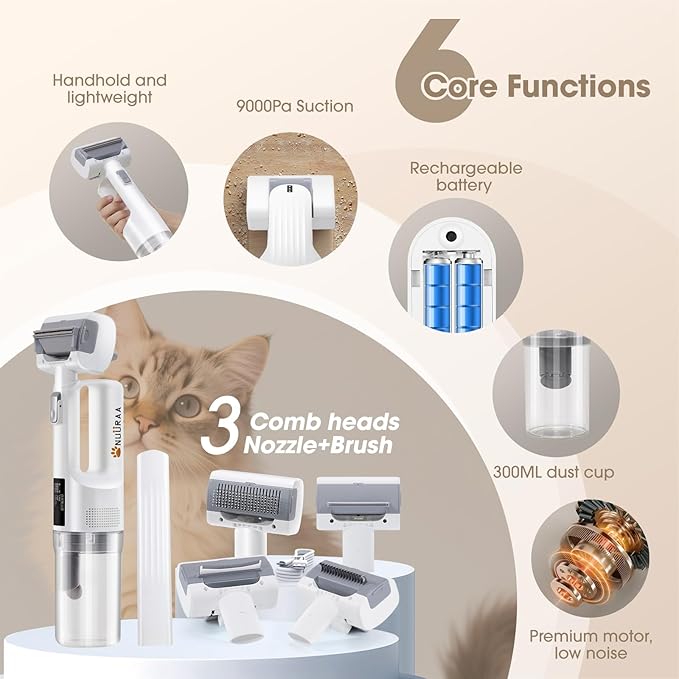 Pet Grooming Vacuum Kits-Dog&Cats Hair Remover Dematting Shedding, Cordless Handheld and Rechargeable Machine Friendly Noise with 9K Suction 300ml Dust Cup Travel/Household