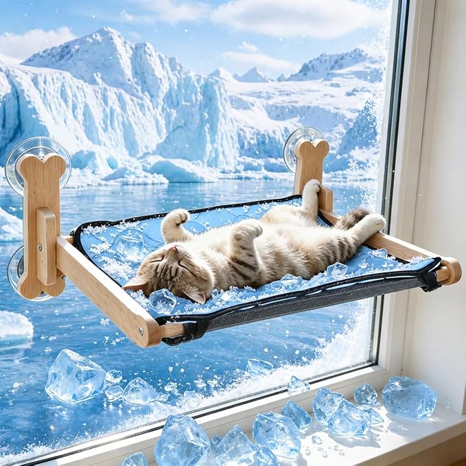 SZEE Window Cat Cooling Bed with Reversible Ice Silk Mat, Foldable Cat Window Perch Hammock with Sturdy Wooden Frame, with Soft Flannel Plush Backing for All-Season Use