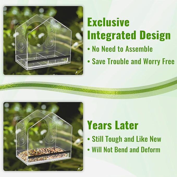 Window Bird Feeder with Strong Suction Cups - Clear Bird Feeders Window for Outdoor Viewing, Removable Tray for Easy Cleaning and refilling, for Grandma and Mom