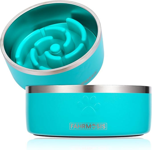 FAHRMOSIS 32 Oz Dog Bowl with Slow Feeder Insert Stainless Steel Pet Water Bowl for Medium & Large Breed Non Slip Rubber Base & Plastic Puzzle Feeder - Teal