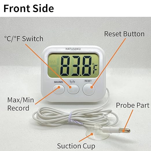 HATUSOKU Digital Thermometer with External Sensor, Magnet, Suction Cup, Water Thermometer, Aquarium, Refrigerator, Freezer (White)