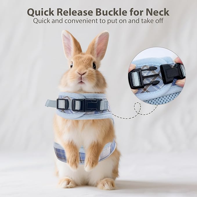 AIITLE Breathable Rabbit Harness and Leash Set - Plaid Pattern Padded Vest with Magic Tape Design, Dual D-Rings, Adjustable for Small Animal Pets, Indoor Outdoor Training Camping, Blue M
