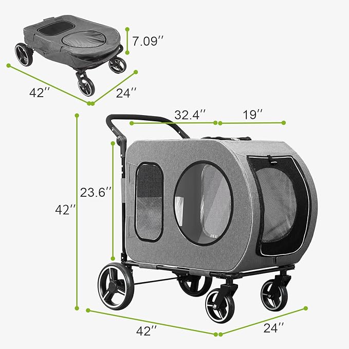 Saudism Large Dog Stroller for Medium Dogs，Pet Stroller for 2 Small Dogs, Foldable Jogger Wagon with Detachable Carrier for Car Seat, Adjustable Handle, Up to 90 lbs, Gray