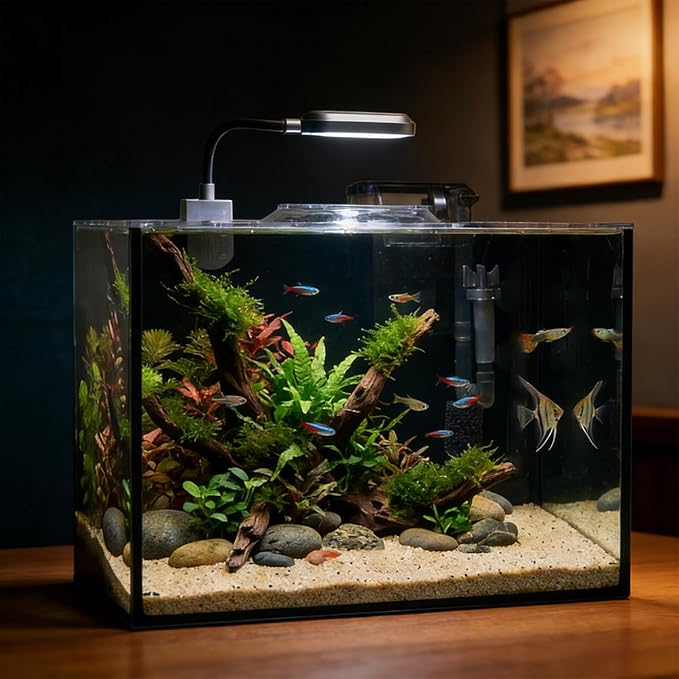 Rise Torrent Glass Fish Tank, 2.8 Gallon Betta Fish Tank Aquarium Starter Kit with Filter and Light, Small Desktop Aquarium Kit for Betta, Goldfish, Small Fish or shrimg
