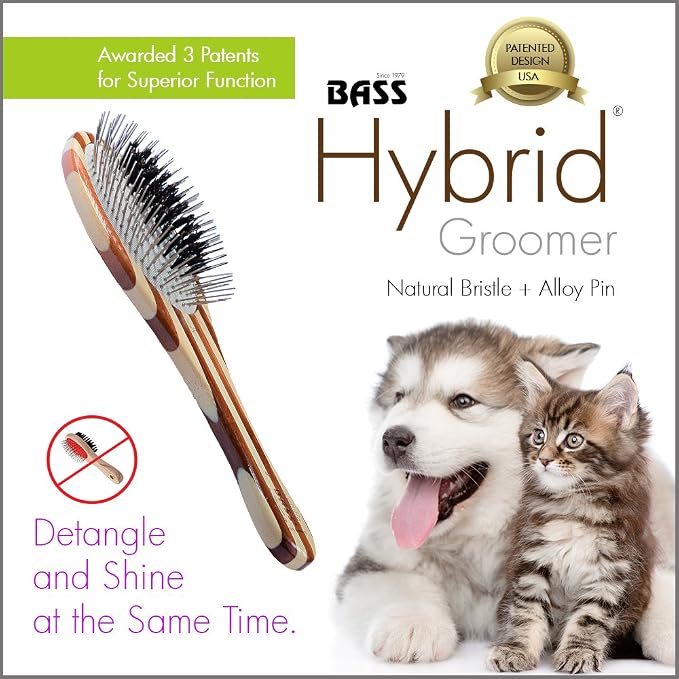 BASS Brushes THE Hybrid PET Groomer Oval Brush, Bamboo-Dark Finish, Small