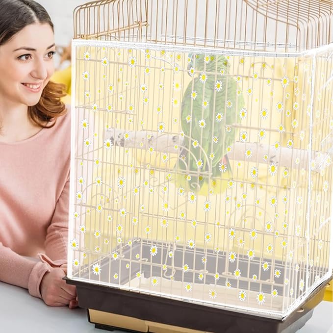 Daoeny 2PCS Bird Cage Seed Catcher, Large Bird Cage Cover, Adjustable Soft Airy Nylon Mesh, Birdcage Cover Skirt Seed Guard for Parrot Parakeet Macaw Round Square Cages (Black & White Daisy)