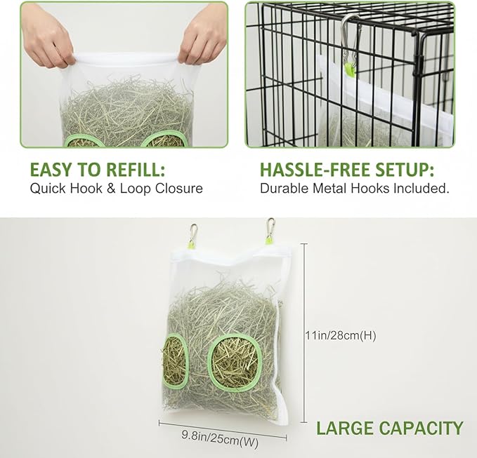 Rabbit Hay Feeder Bag, Chew-Resistant Dual-Hole Slow Dispenser for Bunny & Guinea Pigs 9.8x11inches, 2025 New Model