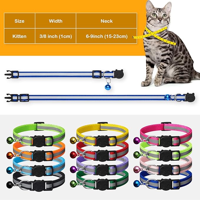 Extodry 14 Pack Set Kitten Collars Breakaway with Bells,Reflective Safety Cat Collar,Ideal for Puppy, Girl Boy Cats,with Name Tag,Adjustable for Small Animal,Pet Supplies(12 Colors & 2 ID Tags)