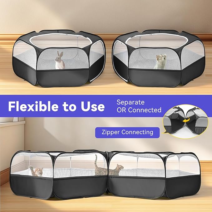 Pawaboo Small Animals Playpen, Portable Chicken Coop Run Large Chick Brooder with Zipper Splicing, Pop Up Pet Enclosure Cat Tent for Guinea Pig Bunny Puppy Indoor Outdoor, Black