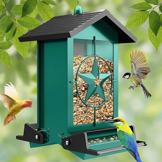 Squirrel Proof Bird Feeders for Outdoors with Weight-Activated, Metal 5LB Large Wild Bird Feeders for Cardinals,Blue Jay,Finch, Weatherproof Durable Hanging Bird Feeder for Backyard,Garden (Green)