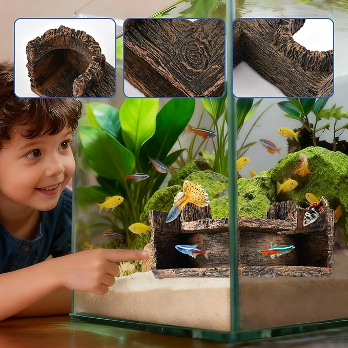 Aquarium Corner Cave - Fish Tank Cave for Corners - Betta Hideout | Natural-Looking Wood-Like, Fish Hideout for Aquarium,90° Corner Fish Cave Viewing Tunnels,5.1” x 2” x 2.7”