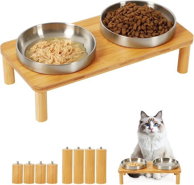 DoogCat Elevated Cat Bowls for Indoor Cats – Raised Bamboo Cat Food Table with 2 Stainless Steel Dishes, Adjustable Height (4.25"/3.07"), Whisker Friendly Feeding Station
