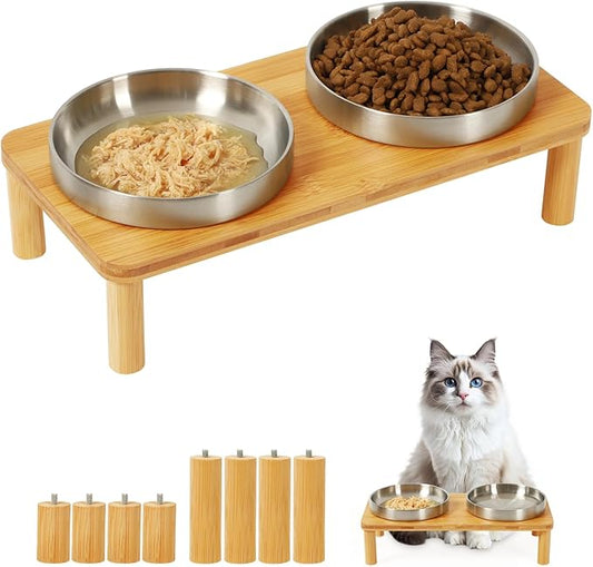 DoogCat Elevated Cat Bowls for Indoor Cats – Raised Bamboo Cat Food Table with 2 Stainless Steel Dishes, Adjustable Height (4.25"/3.07"), Whisker Friendly Feeding Station