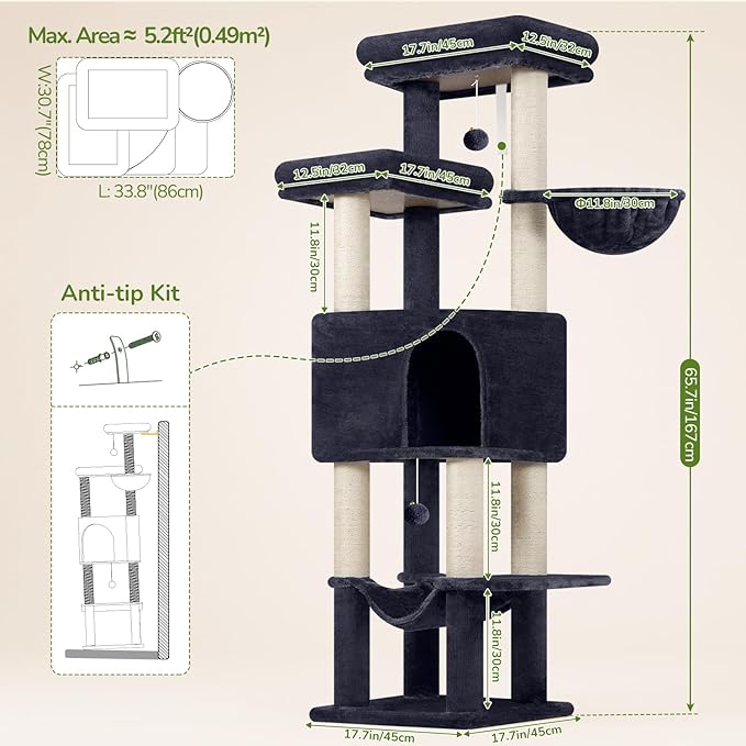 Globlazer Tall Cat Tree Tower for Large Adult Cats, Multi-Level Large 65 Inch Cat Scratching Tower with Hammock, 6 Scratching Posts, Basket and 2 Perches for Indoor Multiple Cats, F65D, Dark Grey