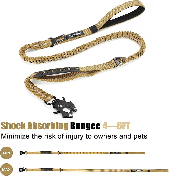 Raipult Tactical Dog Leash Heavy Duty, 4-6FT Shock Absorbing Bungee Leash with Quick Release Clip& 2 Handles, No Pull Waking Lead with Car Seatbelt for Medium Large Dogs that Pull,Khaki
