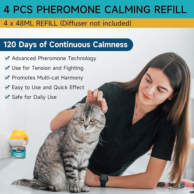 Woyamay Cat Calming Diffuser Refills - 4 Pack Cat Pheromones Calming Diffuser for Cat Anxiety Relief, Cat Pheromone Diffuser, 120 Days Pheromone Diffuser to Calm Cats, Fits All Common Diffuser Heads