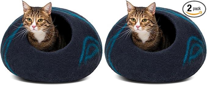 MEOWFIA Cat Cave – Premium Felt Cat Bed for Indoor Cats, Handmade 100% Merino Wool, Cat (Large, Black Aqua) (Pack of 2)