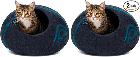 MEOWFIA Cat Cave – Premium Felt Cat Bed for Indoor Cats, Handmade 100% Merino Wool, Cat (Large, Black Aqua) (Pack of 2)