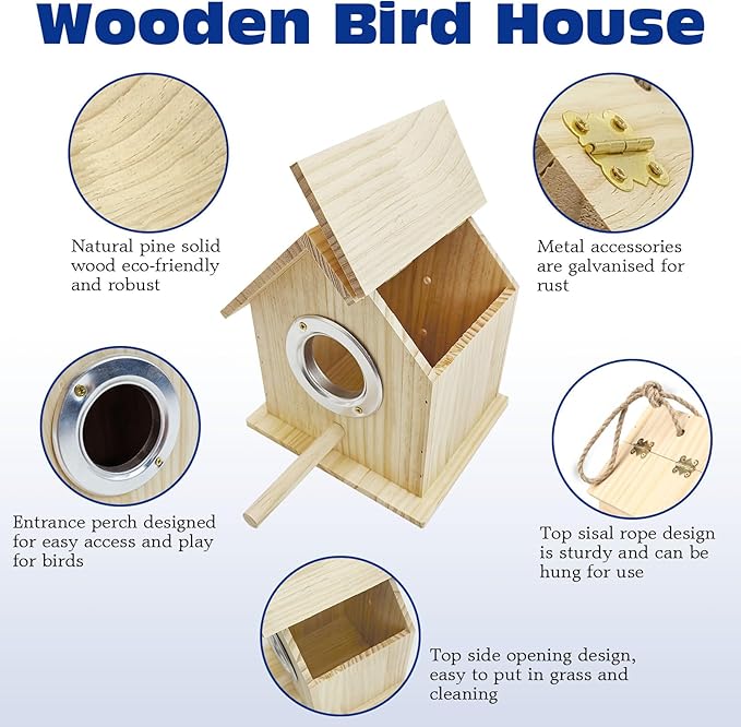 Tfwadmx Wooden Bird House Hanging Birdhouse for Outside Wooden Nests Box Garden Patio DIY Decorative for Wren Swallow Sparrow Hummingbird Finch Throstle (M)