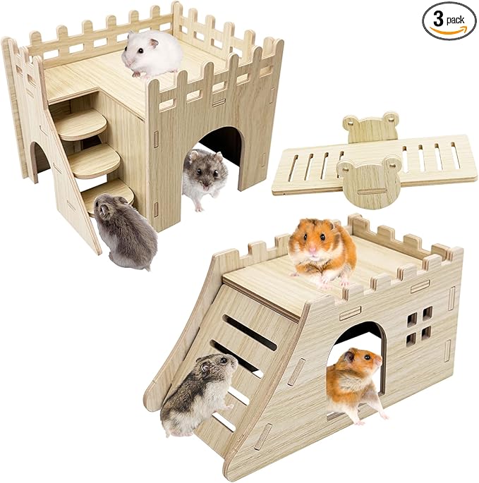 BNOSDM Hamster Hideout Set Gerbil Wooden House with Stairs Wood Hide Hut with Fun Slid Seesaw Cage Accessories for Dwarf Hamsters Mouse Mice