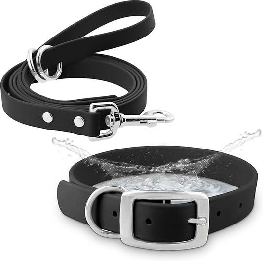 Regal Dog Products Large Black Waterproof Dog Collar and Leash Set | Heavy Duty Double Buckle & D Ring - 5'ft Leash | Adjustable Biothane Dog Collar | Chew Resistant Waterproof Collar for Dogs