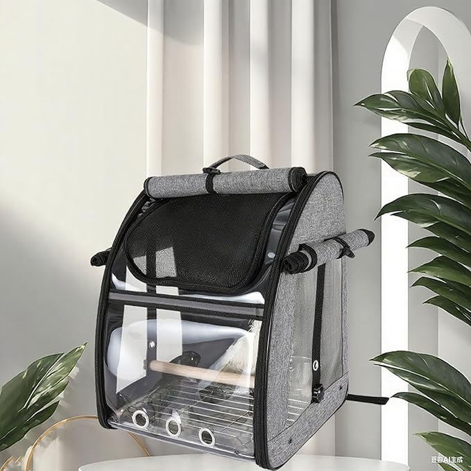 Bird Travel Cage Backpack - Portable Transparent Carrier with Standing Perch, Stainless Steel Mesh and Feeder Cups for Small Birds Like Parrot Parakeet(Grey)