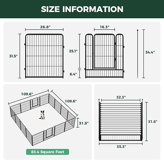 FXW Rollick Unleashed Dog Playpen for Indoor, Yard, RV Camping, 32 inch 16 Panels Dog Pen with RV Step Grid for Small and Medium Dogs, Black│Patented