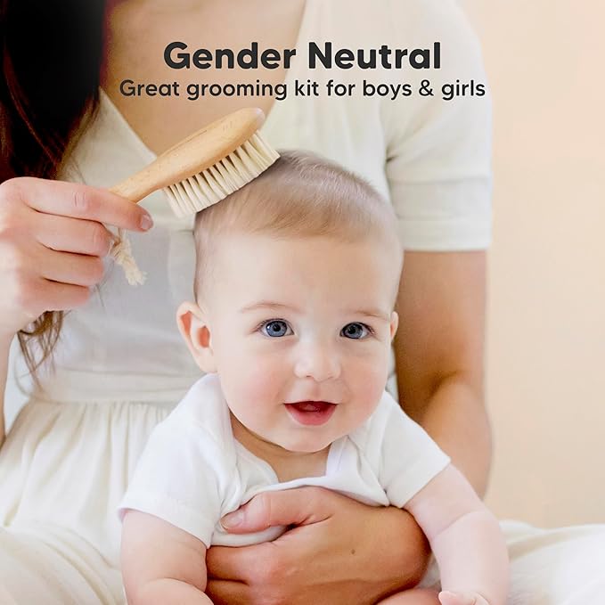 Baby Hair Brush Set for Newborns - Soft Goat Bristle Wooden Baby Brush and Comb Set Newborn Grooming Kit for Cradle Cap, Durable & Gentle, Boy, Girl Infant Essentials Care Kit (Petite, Walnut)