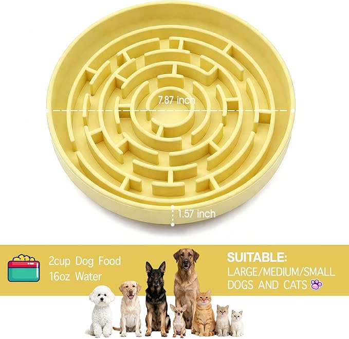 Silicone Slow Feeder Dog Bowls, with Non-Slip Suction Cups, Anti-Choking, Puppy Puzzle Bowl, Slows Down Eating Speed, Relieves Anxiety, Suitable for S&M Sized Dogs and Cats(Yellow