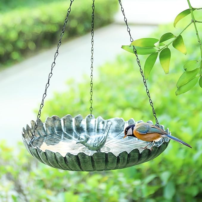 MUMTOP Hanging Bird Baths for Outdoors - Metal Bird Bath, 11.6 Inch Flower Shape Birdbath Bird Feeder Bowl for Outside, Garden, Lawn Yard Decor(Silver)