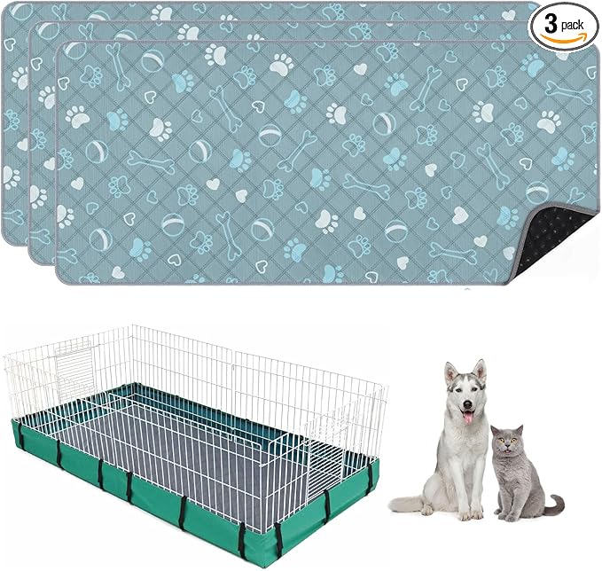 3 Packs Washable Guinea Pig Cage Liners with with Paw Print, Waterproof Guinea Pig Pee Pads Reusable Absorbent Bedding Anti Slip Mats for Small Animals Bunny Rabbit Hamster (Blue, 47 x 24in)