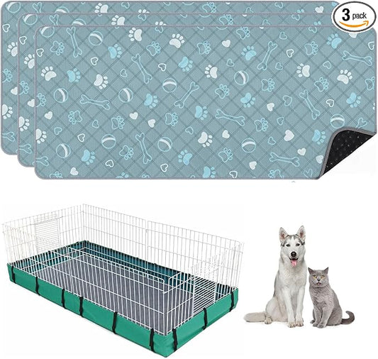 3 Packs Washable Guinea Pig Cage Liners with with Paw Print, Waterproof Guinea Pig Pee Pads Reusable Absorbent Bedding Anti Slip Mats for Small Animals Bunny Rabbit Hamster (Blue, 47 x 24in)