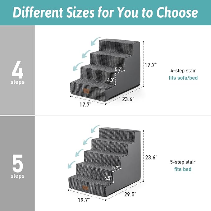 COZY KISS Dog Stairs for Small Dogs 5-Step, 19.7" Extra Wide Right-Angle Pet Stairs for Couch and Beds, Anti-Slip Dog Steps for Old Cats and Lowrider, 19.7x29.5x23.6 inch, Dark Grey