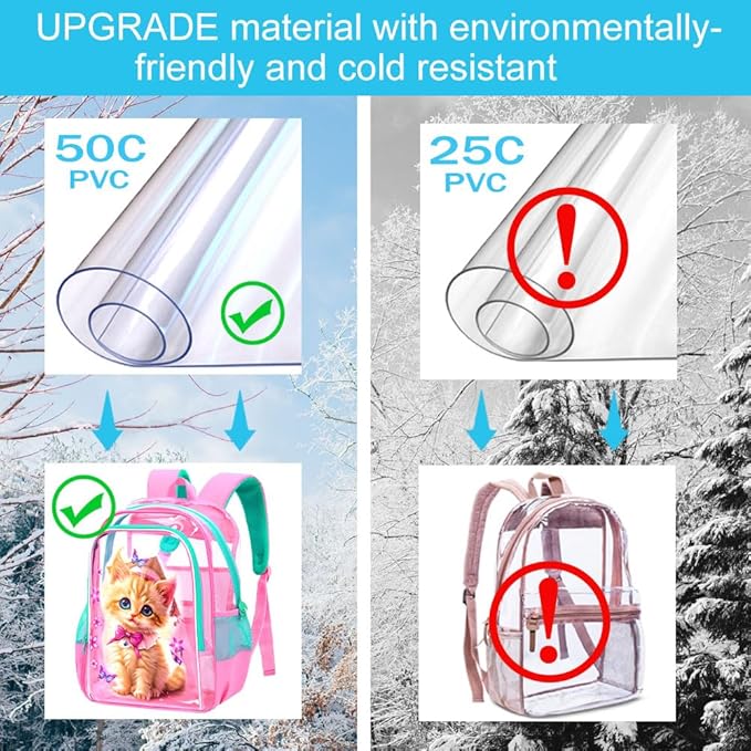 AGSDON 3PCS Clear Backpack for Girls,16" Transparent Bookbag Heavy Duty, Cute See Through Backpacks with Lunch Bag - Pink Cat