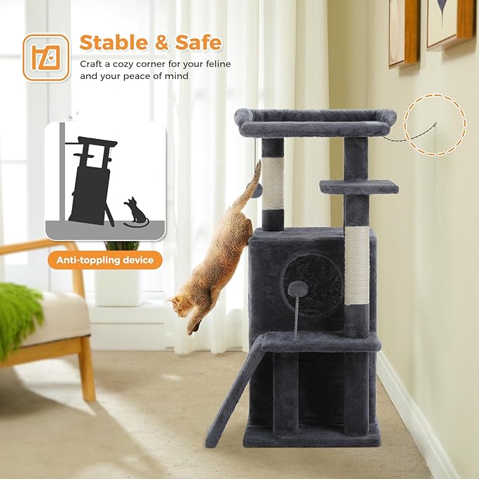 PETEPELA Cat Tree for Indoor Cats, 34.6" Small Cat Tower with Scratching Posts, 2 Condos, Scratching Ramp & Dangling Toys, Cat Play House for Multi-Cat Households, Dark Grey