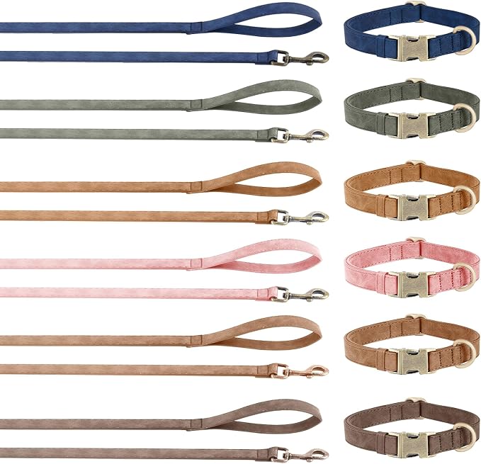 Genuine Leather Dog Collar - Adjustable Pet Collar with Quick Release Metal Buckle, Soft Skin Friendly Real Leather Collar for Small, Medium, Large Dogs (Blue Collar + Rope, S：Fit 8-16" Neck)