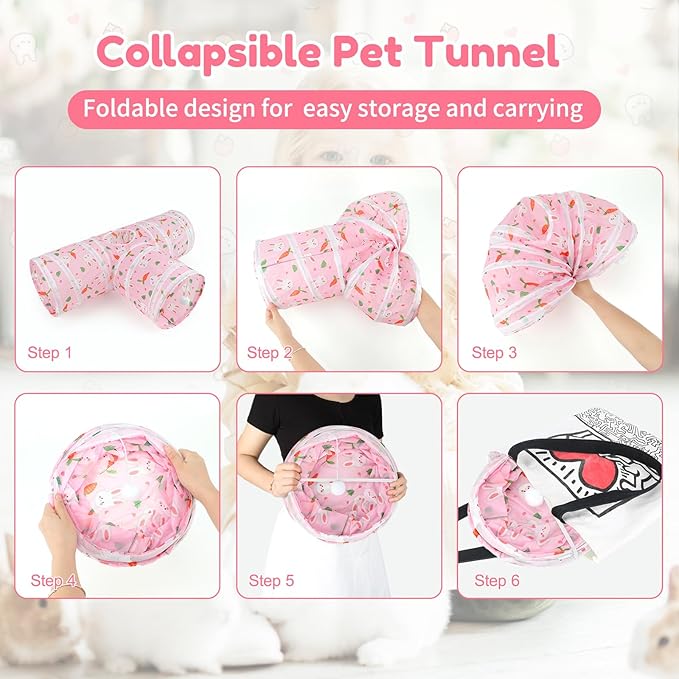 BWOGUE Bunny Tunnels & Tubes Collapsible 3 Way Bunny Hideout Small Animal Activity Tunnel Toys for Dwarf Rabbits Guinea Pigs Kitty