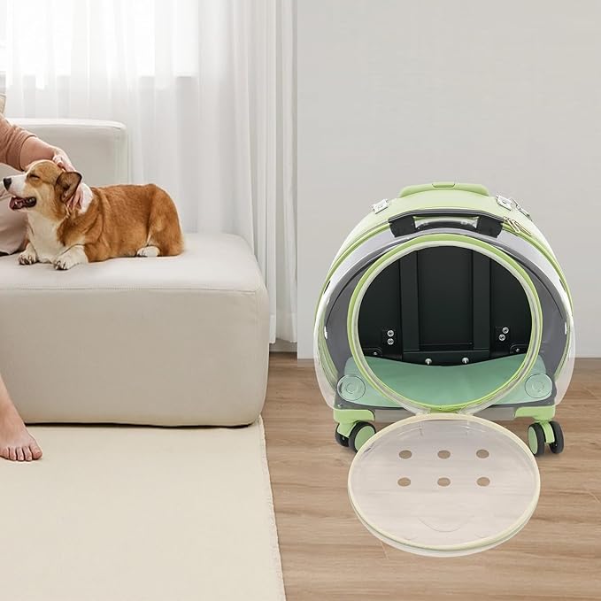 Cat Carrier with Wheels, Breathable Cat Rolling Carrier with Telescopic Handle, Bubble Cat Backpack Carrier, Pet Travel Bag for Small Dogs Pets, up to 19lbs, 15.7" x 10.6" x 17.7" (Green)