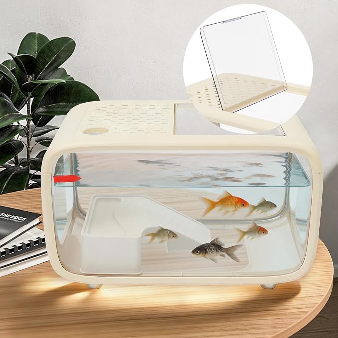 3.2 Gallon Desktop Fish Tank Aquarium Kit for Aquatic Animals | with Top Feeding Hole, High-Clarity Fish Bowl for Shrimp Guppy Goldfish Turtle, 15.7"L x 8.9"W x 10"H, White